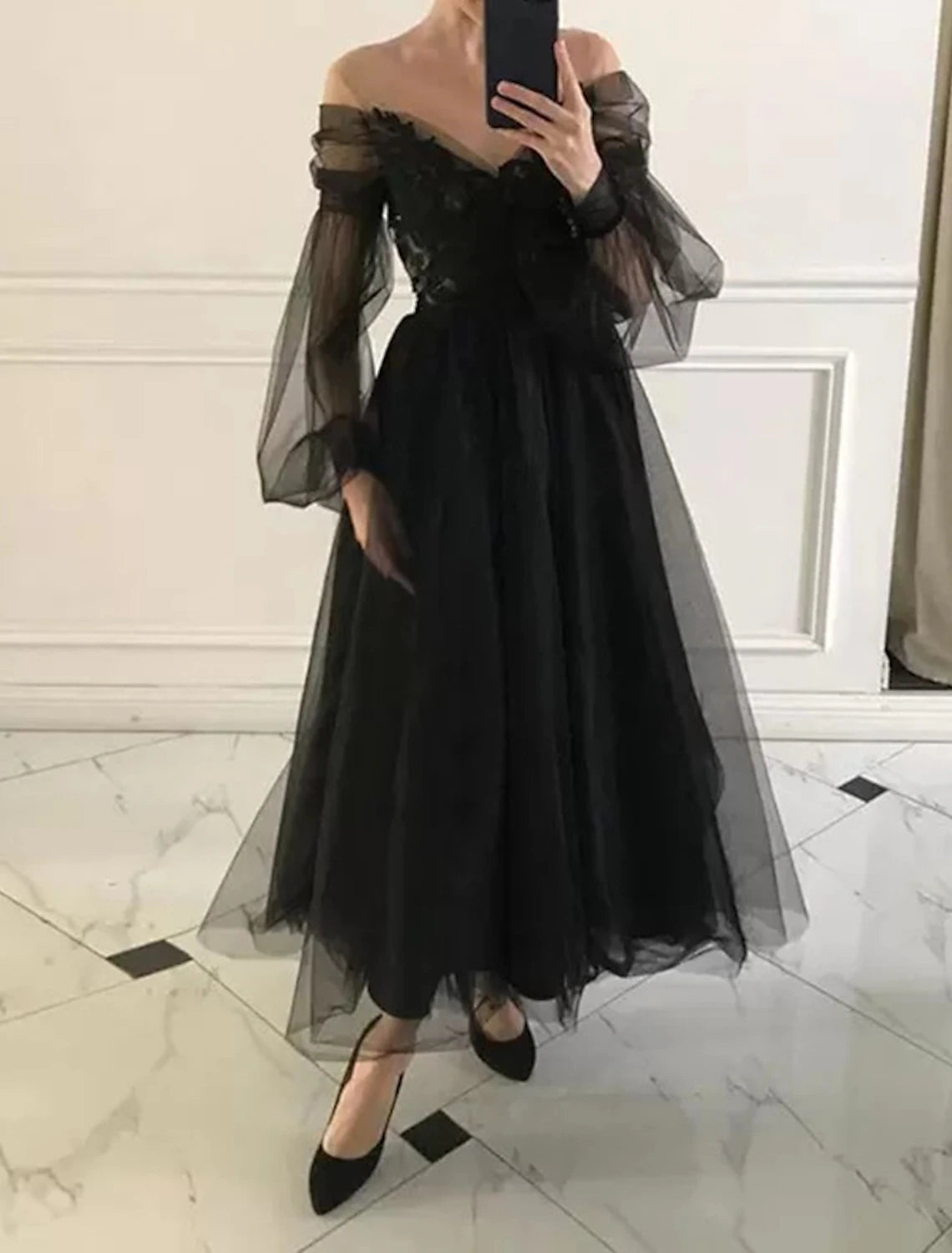 Abito da cocktail a trapezio nero, abito vintage, da ballo, da sposa, lunghezza alla caviglia, manica lunga, scollo a V, in tulle con applicazioni di perline